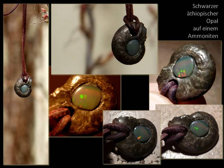 Nr. 0147  Ein schwarzer milchiger Opal mit einem ganz bezaubernden und dezentem Feuer auf einem zierlichen Ammoniten (inkl. Lederband)